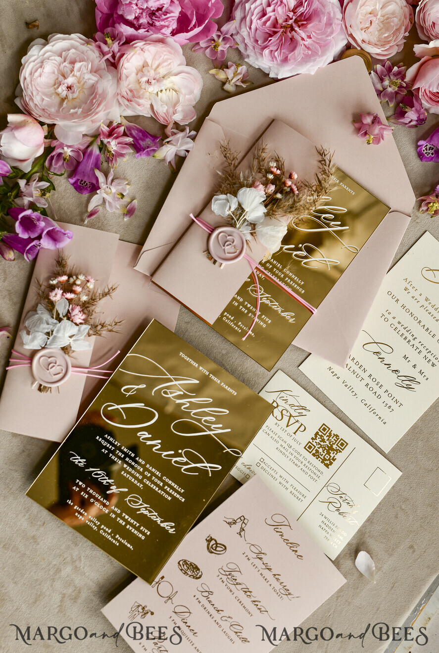 HOCHZEITS EINLADUNGEN Plexiglas Acrylspiegel Gold Spiegel Acryl Hochzeitseinladungen – Luxuriöse Plexiglas Hochzeitseinladung Suite mit Wachssiegel & QR RSVP