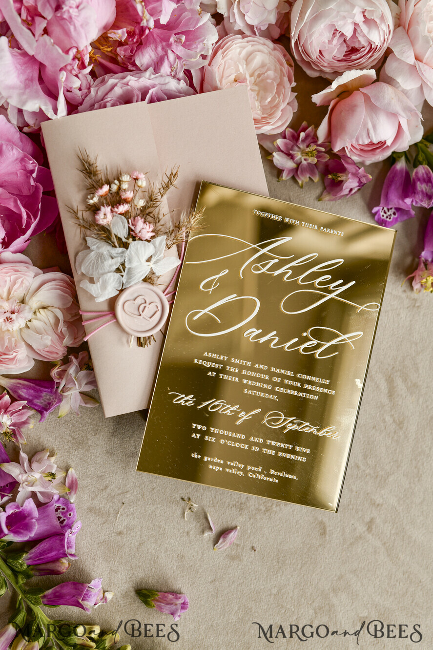 HOCHZEITS EINLADUNGEN Plexiglas Acrylspiegel Gold Spiegel Acryl Hochzeitseinladungen – Luxuriöse Plexiglas Hochzeitseinladung Suite mit Wachssiegel & QR RSVP