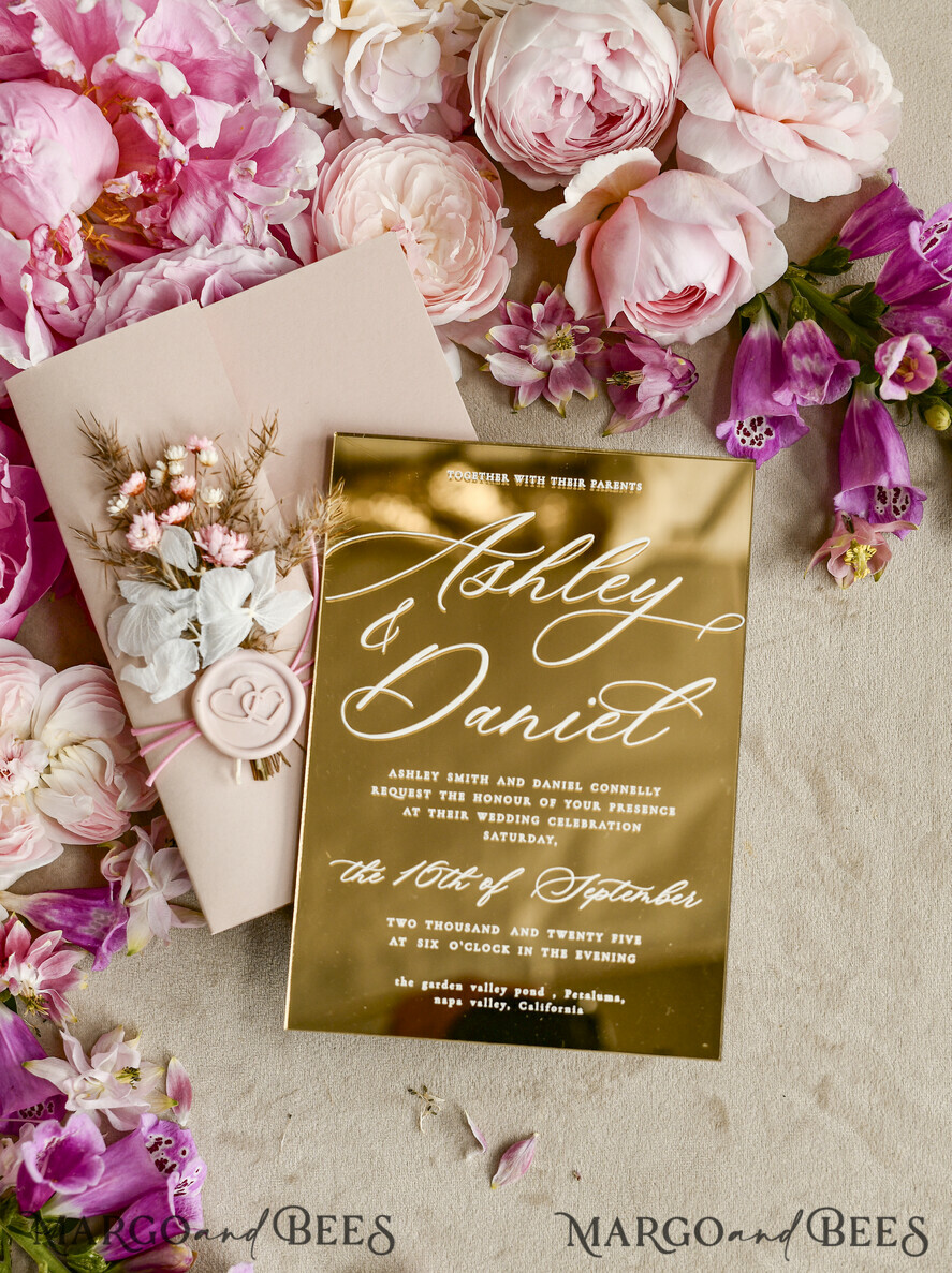 HOCHZEITS EINLADUNGEN Plexiglas Acrylspiegel Gold Spiegel Acryl Hochzeitseinladungen – Luxuriöse Plexiglas Hochzeitseinladung Suite mit Wachssiegel & QR RSVP