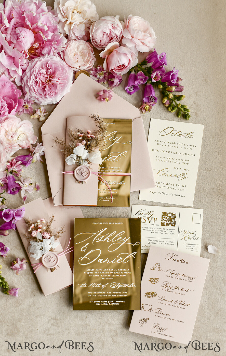 HOCHZEITS EINLADUNGEN Plexiglas Acrylspiegel Gold Spiegel Acryl Hochzeitseinladungen – Luxuriöse Plexiglas Hochzeitseinladung Suite mit Wachssiegel & QR RSVP
