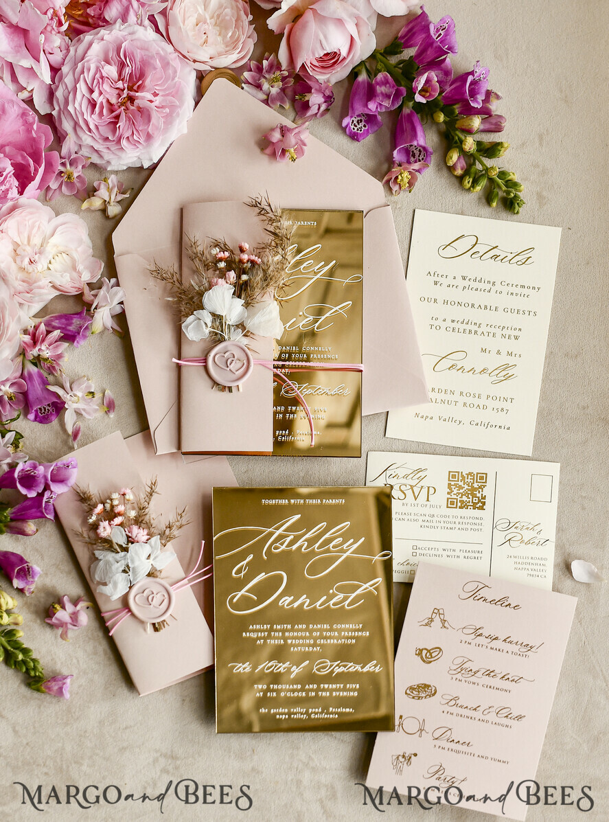 HOCHZEITS EINLADUNGEN Plexiglas Acrylspiegel Gold Spiegel Acryl Hochzeitseinladungen – Luxuriöse Plexiglas Hochzeitseinladung Suite mit Wachssiegel & QR RSVP