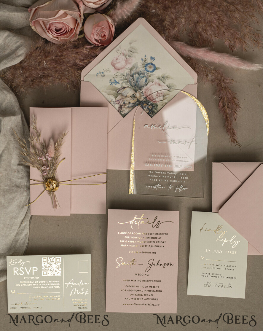 HOCHZEITS EINLADUNGEN Plexiglas Acrylspiegel Blush Pink Klare Bogen Hochzeitskarten, Elegante Gartenhochzeitseinladungen, Nude Acryl transparente Hochzeitseinladungen, Bogen Plexi Hochzeitseinladung Set