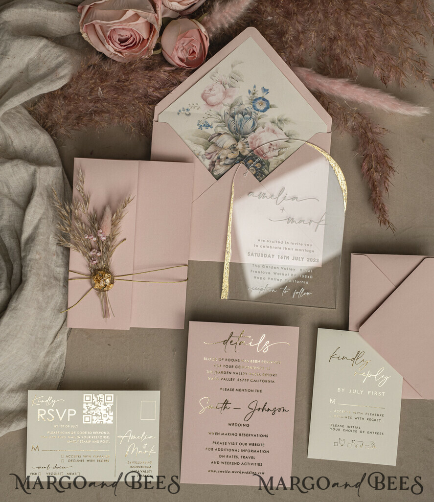 HOCHZEITS EINLADUNGEN Plexiglas Acrylspiegel Blush Pink Klare Bogen Hochzeitskarten, Elegante Gartenhochzeitseinladungen, Nude Acryl transparente Hochzeitseinladungen, Bogen Plexi Hochzeitseinladung Set