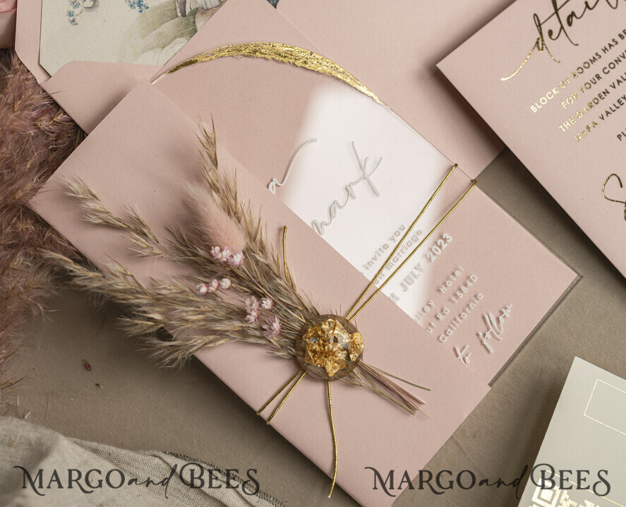 HOCHZEITS EINLADUNGEN Plexiglas Acrylspiegel Blush Pink Klare Bogen Hochzeitskarten, Elegante Gartenhochzeitseinladungen, Nude Acryl transparente Hochzeitseinladungen, Bogen Plexi Hochzeitseinladung Set
