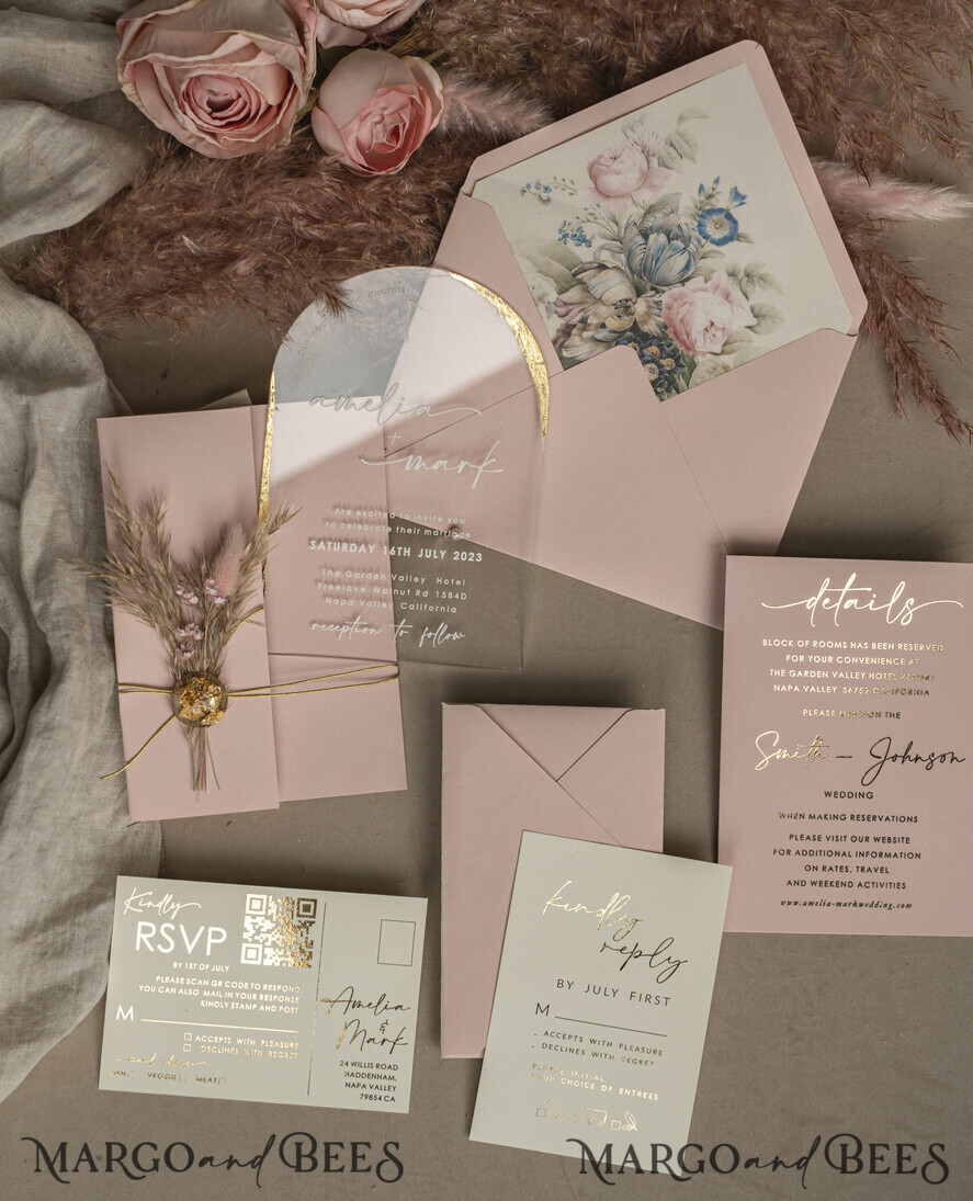 HOCHZEITS EINLADUNGEN Plexiglas Acrylspiegel Blush Pink Klare Bogen Hochzeitskarten, Elegante Gartenhochzeitseinladungen, Nude Acryl transparente Hochzeitseinladungen, Bogen Plexi Hochzeitseinladung Set