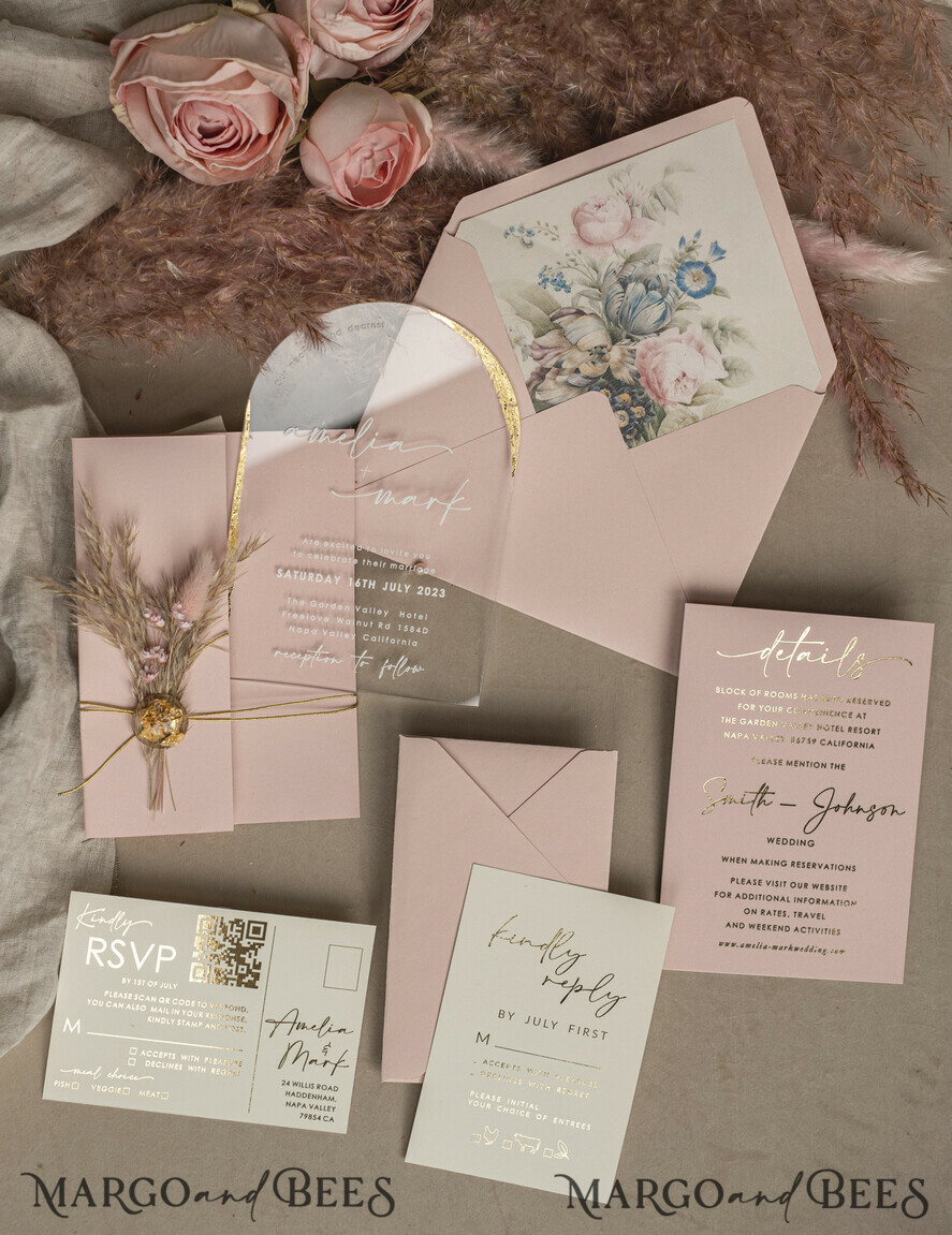 HOCHZEITS EINLADUNGEN Plexiglas Acrylspiegel Blush Pink Klare Bogen Hochzeitskarten, Elegante Gartenhochzeitseinladungen, Nude Acryl transparente Hochzeitseinladungen, Bogen Plexi Hochzeitseinladung Set