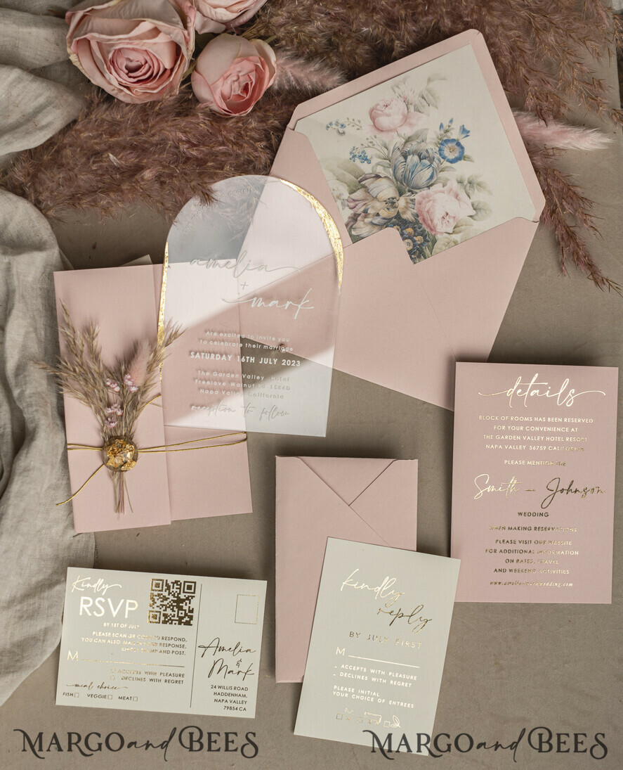 HOCHZEITS EINLADUNGEN Plexiglas Acrylspiegel Blush Pink Klare Bogen Hochzeitskarten, Elegante Gartenhochzeitseinladungen, Nude Acryl transparente Hochzeitseinladungen, Bogen Plexi Hochzeitseinladung Set