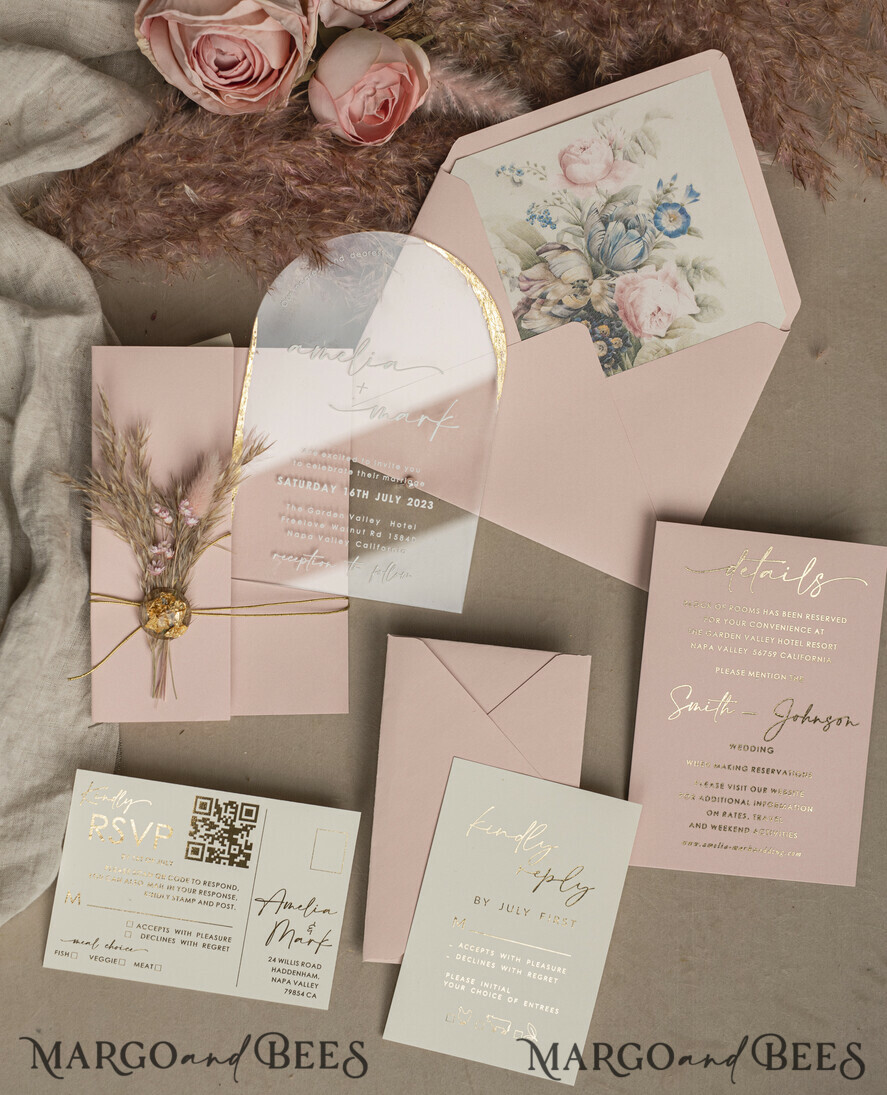 HOCHZEITS EINLADUNGEN Plexiglas Acrylspiegel Blush Pink Klare Bogen Hochzeitskarten, Elegante Gartenhochzeitseinladungen, Nude Acryl transparente Hochzeitseinladungen, Bogen Plexi Hochzeitseinladung Set