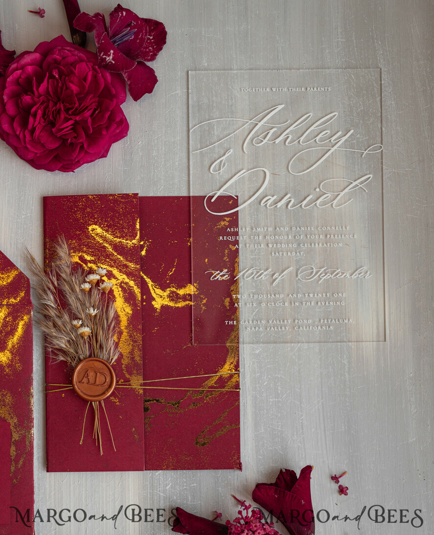 HOCHZEITS EINLADUNGEN Plexiglas Acrylspiegel Burgunder Spiegel goldene Hochzeitseinladungen, elegante Marmor-Hochzeitskarten, kastanienfarbene Acryl-Hochzeitseinladungen, Pampasgras goldene Plexi-Hochzeitseinladung Suite.
