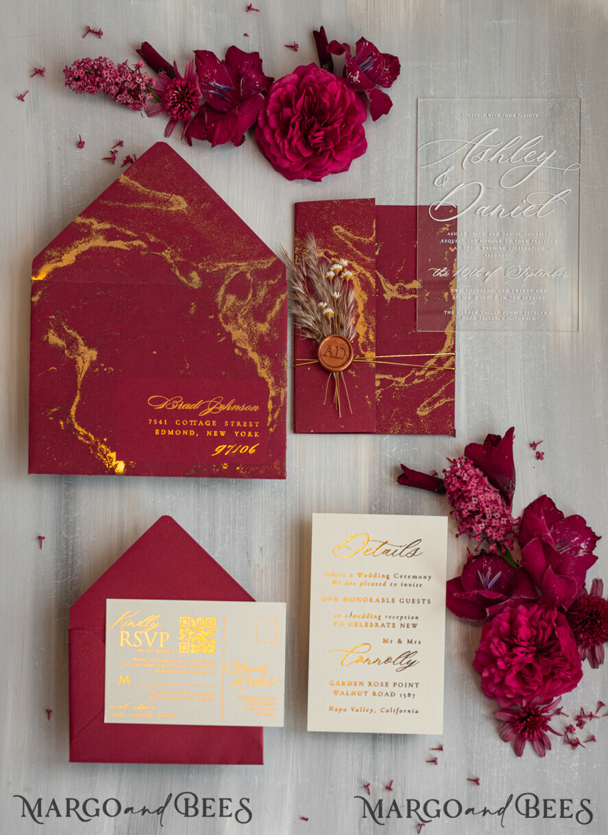 HOCHZEITS EINLADUNGEN Plexiglas Acrylspiegel Burgunder Spiegel goldene Hochzeitseinladungen, elegante Marmor-Hochzeitskarten, kastanienfarbene Acryl-Hochzeitseinladungen, Pampasgras goldene Plexi-Hochzeitseinladung Suite.