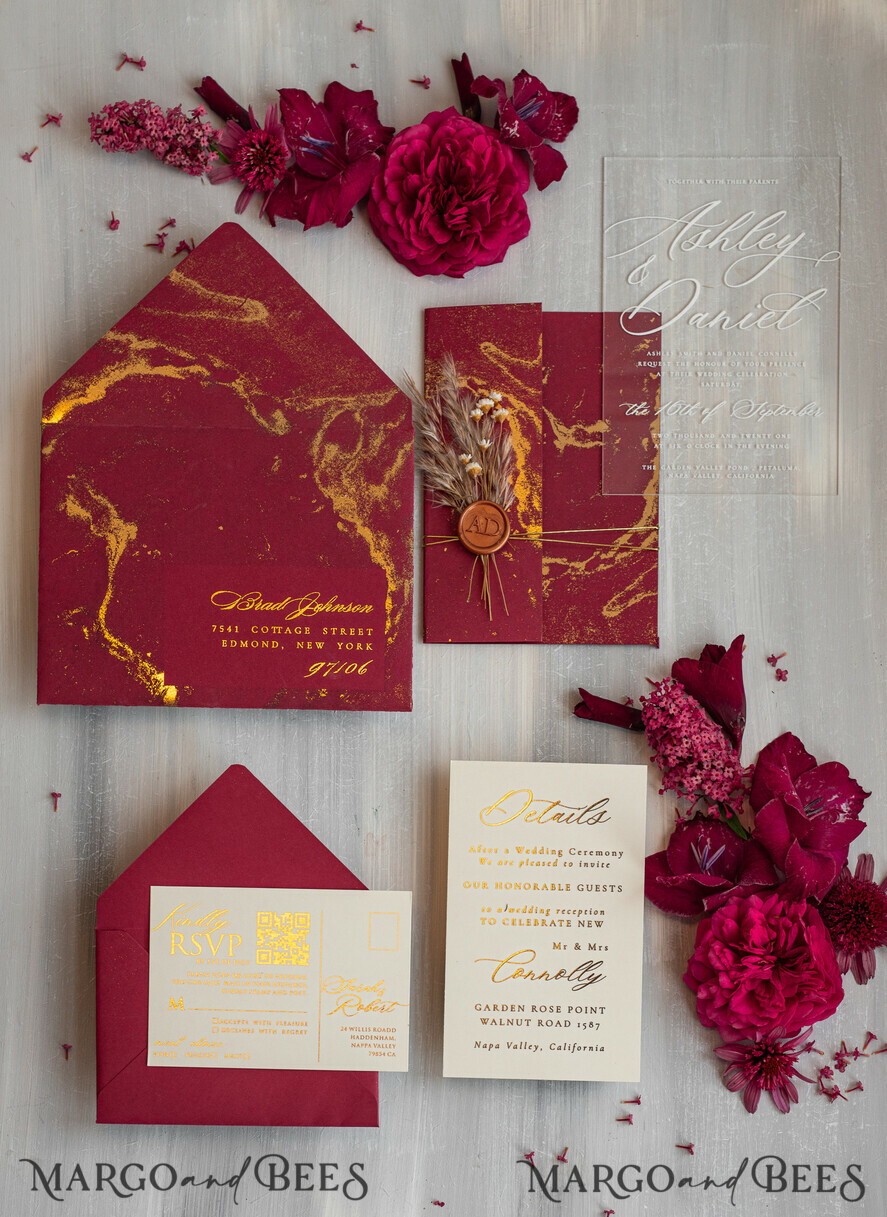 HOCHZEITS EINLADUNGEN Plexiglas Acrylspiegel Burgunder Spiegel goldene Hochzeitseinladungen, elegante Marmor-Hochzeitskarten, kastanienfarbene Acryl-Hochzeitseinladungen, Pampasgras goldene Plexi-Hochzeitseinladung Suite.
