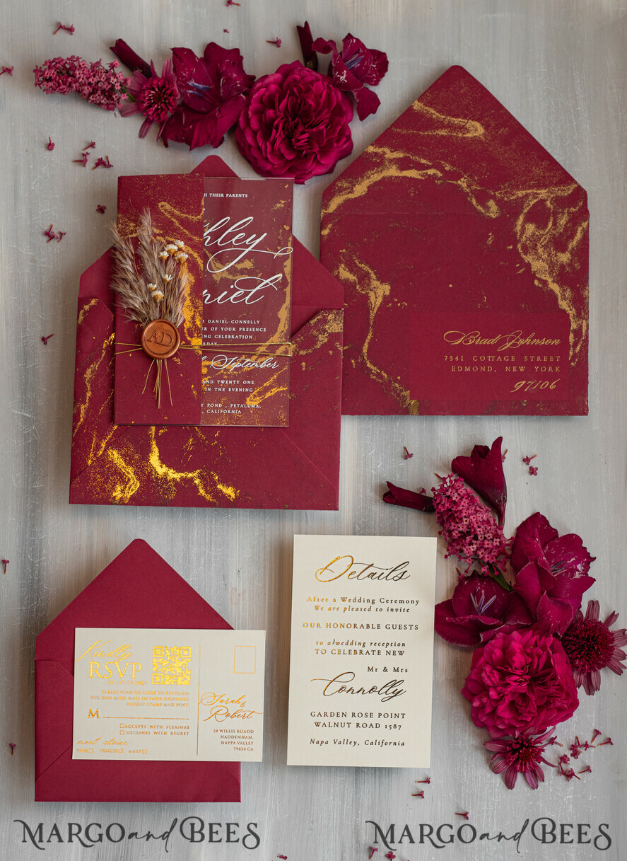 HOCHZEITS EINLADUNGEN Plexiglas Acrylspiegel Burgunder Spiegel goldene Hochzeitseinladungen, elegante Marmor-Hochzeitskarten, kastanienfarbene Acryl-Hochzeitseinladungen, Pampasgras goldene Plexi-Hochzeitseinladung Suite.