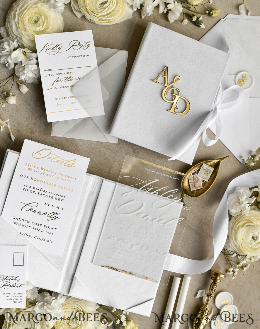 HOCHZEITS EINLADUNGEN Plexiglas Acrylspiegel Samt-Cover Klare Hochzeitskarten, Elegante Elfenbein-Hochzeitskarten, Acryl-Hochzeitskarten, Spiegelgold Plexi-Einladungssuite