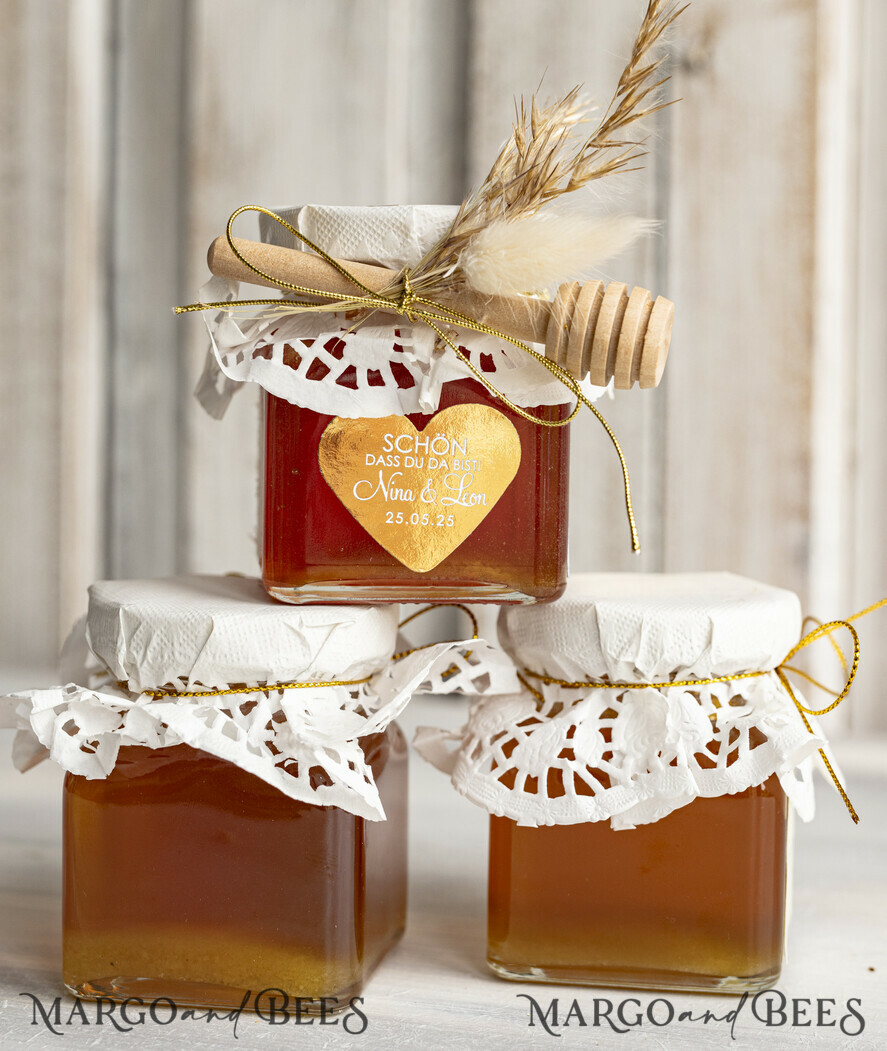HOCHZEITSGESCHENKE Gastgeschenke Hochzeit Personalisierte Gastgeschenkgläser mit Blütenhonig Gastgeschenke Hochzeit Honig, Honiggeschenkglas mit Honig, handgemachte Gastgeschenke zur Hochzeit