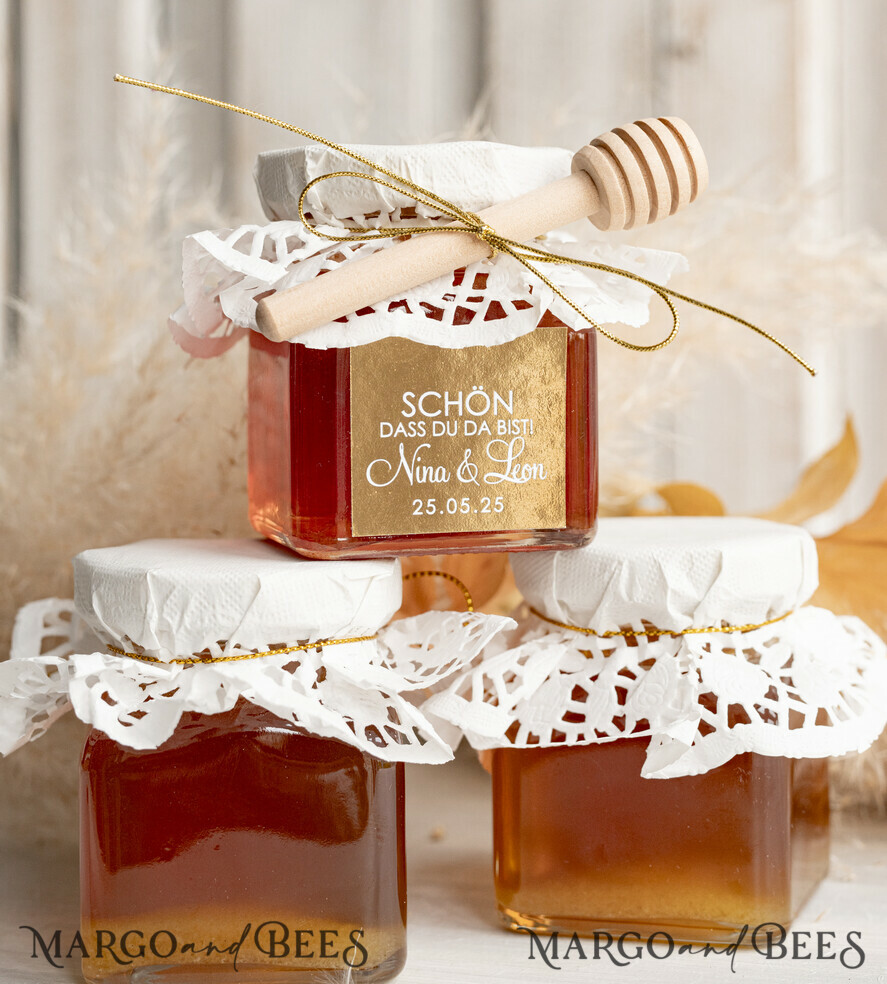 HOCHZEITSGESCHENKE Gastgeschenke Hochzeit Personalisierte Gastgeschenkgläser mit Blütenhonig, Gastgeschenke Hochzeit Honig, Honiggeschenkglas mit Honig, handgemachte Gastgeschenke zur Hochzeit.