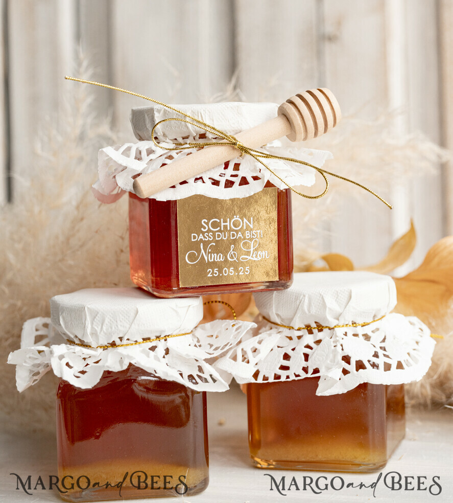 HOCHZEITSGESCHENKE Gastgeschenke Hochzeit Personalisierte Gastgeschenkgläser mit Blütenhonig, Gastgeschenke Hochzeit Honig, Honiggeschenkglas mit Honig, handgemachte Gastgeschenke zur Hochzeit.