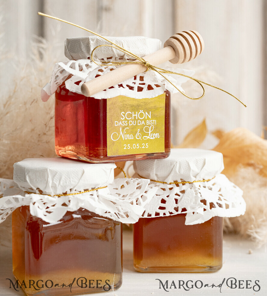 HOCHZEITSGESCHENKE Gastgeschenke Hochzeit Personalisierte Gastgeschenkgläser mit Blütenhonig, Gastgeschenke Hochzeit Honig, Honiggeschenkglas mit Honig, handgemachte Gastgeschenke zur Hochzeit.
