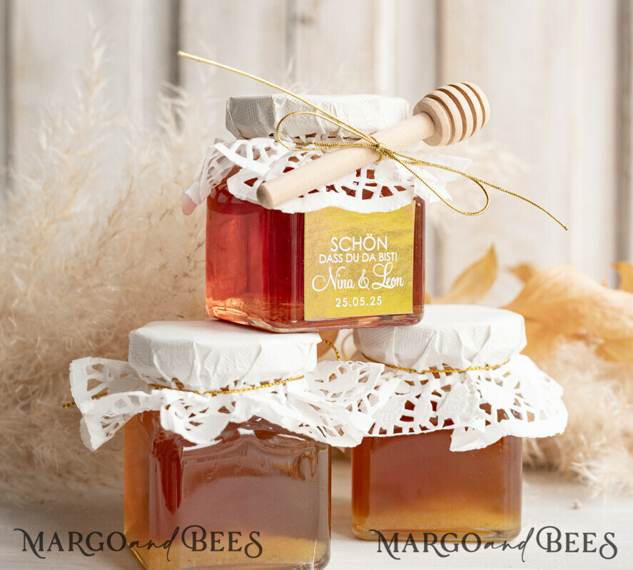 HOCHZEITSGESCHENKE Gastgeschenke Hochzeit Personalisierte Gastgeschenkgläser mit Blütenhonig, Gastgeschenke Hochzeit Honig, Honiggeschenkglas mit Honig, handgemachte Gastgeschenke zur Hochzeit.