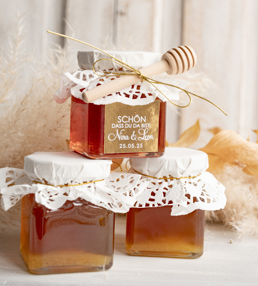 HOCHZEITSGESCHENKE Gastgeschenke Hochzeit Personalisierte Gastgeschenkgläser mit Blütenhonig, Gastgeschenke Hochzeit Honig, Honiggeschenkglas mit Honig, handgemachte Gastgeschenke zur Hochzeit.