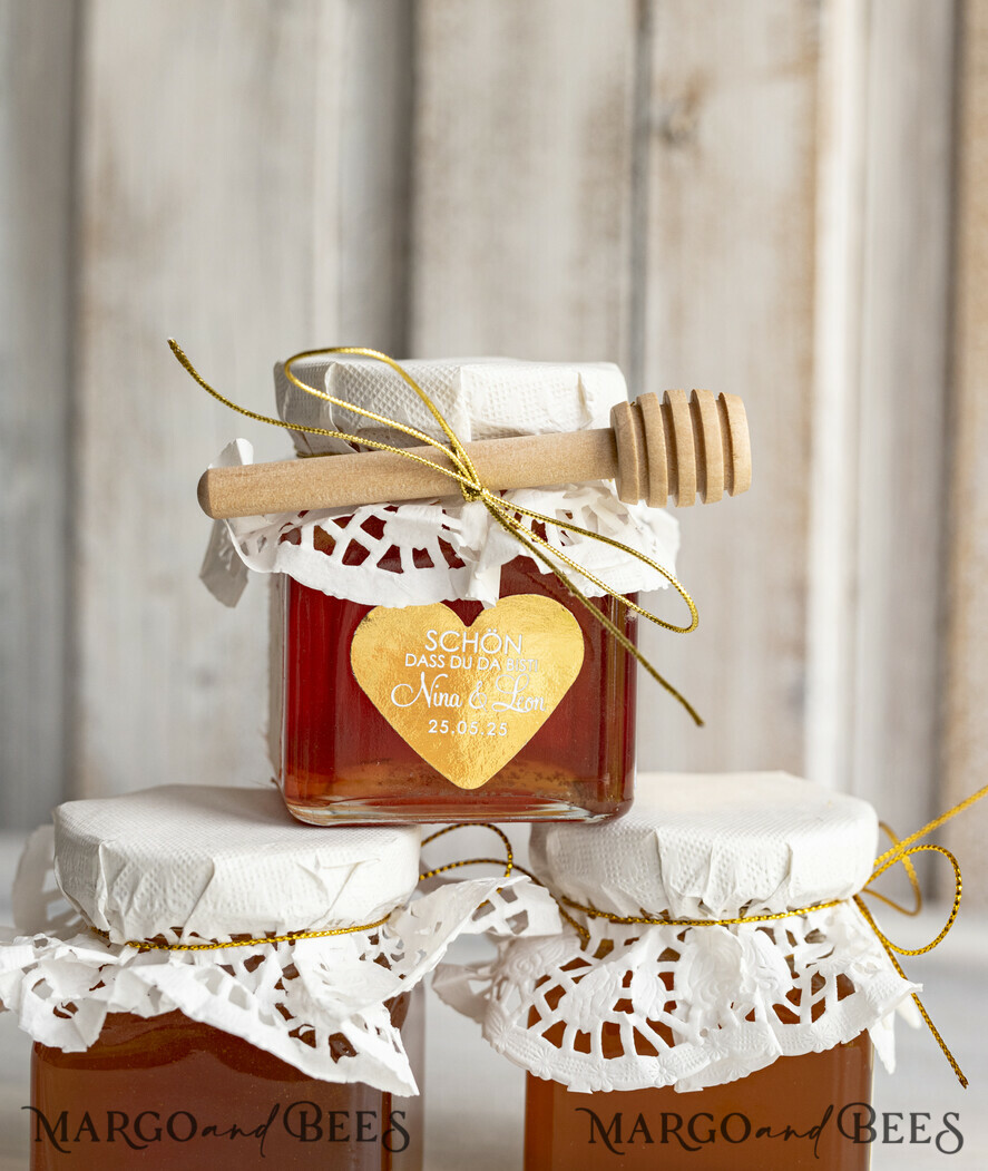 HOCHZEITSGESCHENKE Gastgeschenke Hochzeit Personalisierte Gastgeschenkgläser mit Blütenhonig, Gastgeschenke Hochzeit Honig, Honiggeschenkglas mit Honig, handgemachte Gastgeschenke zur Hochzeit.