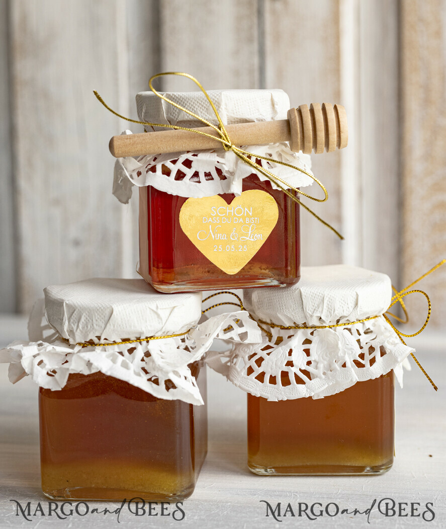 HOCHZEITSGESCHENKE Gastgeschenke Hochzeit Personalisierte Gastgeschenkgläser mit Blütenhonig, Gastgeschenke Hochzeit Honig, Honiggeschenkglas mit Honig, handgemachte Gastgeschenke zur Hochzeit.