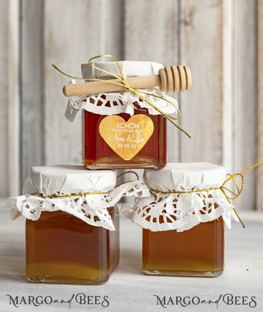HOCHZEITSGESCHENKE Gastgeschenke Hochzeit Personalisierte Gastgeschenkgläser mit Blütenhonig, Gastgeschenke Hochzeit Honig, Honiggeschenkglas mit Honig, handgemachte Gastgeschenke zur Hochzeit.