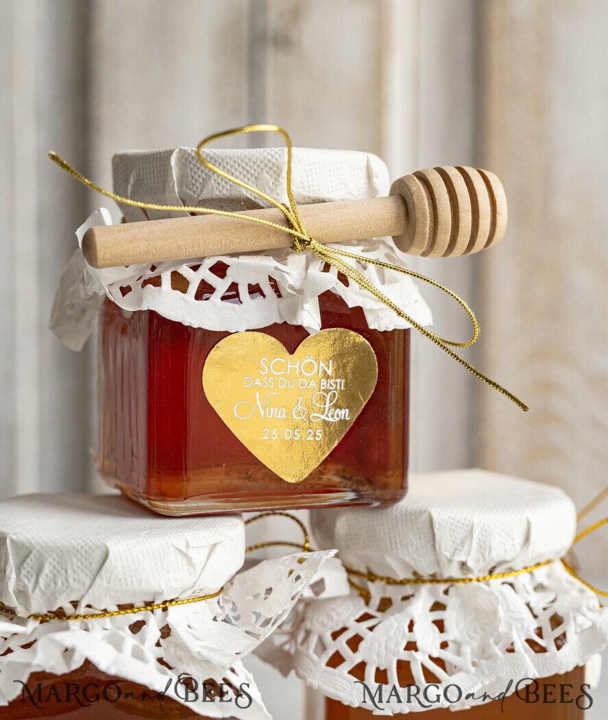 HOCHZEITSGESCHENKE Gastgeschenke Hochzeit Personalisierte Gastgeschenkgläser mit Blütenhonig, Gastgeschenke Hochzeit Honig, Honiggeschenkglas mit Honig, handgemachte Gastgeschenke zur Hochzeit.