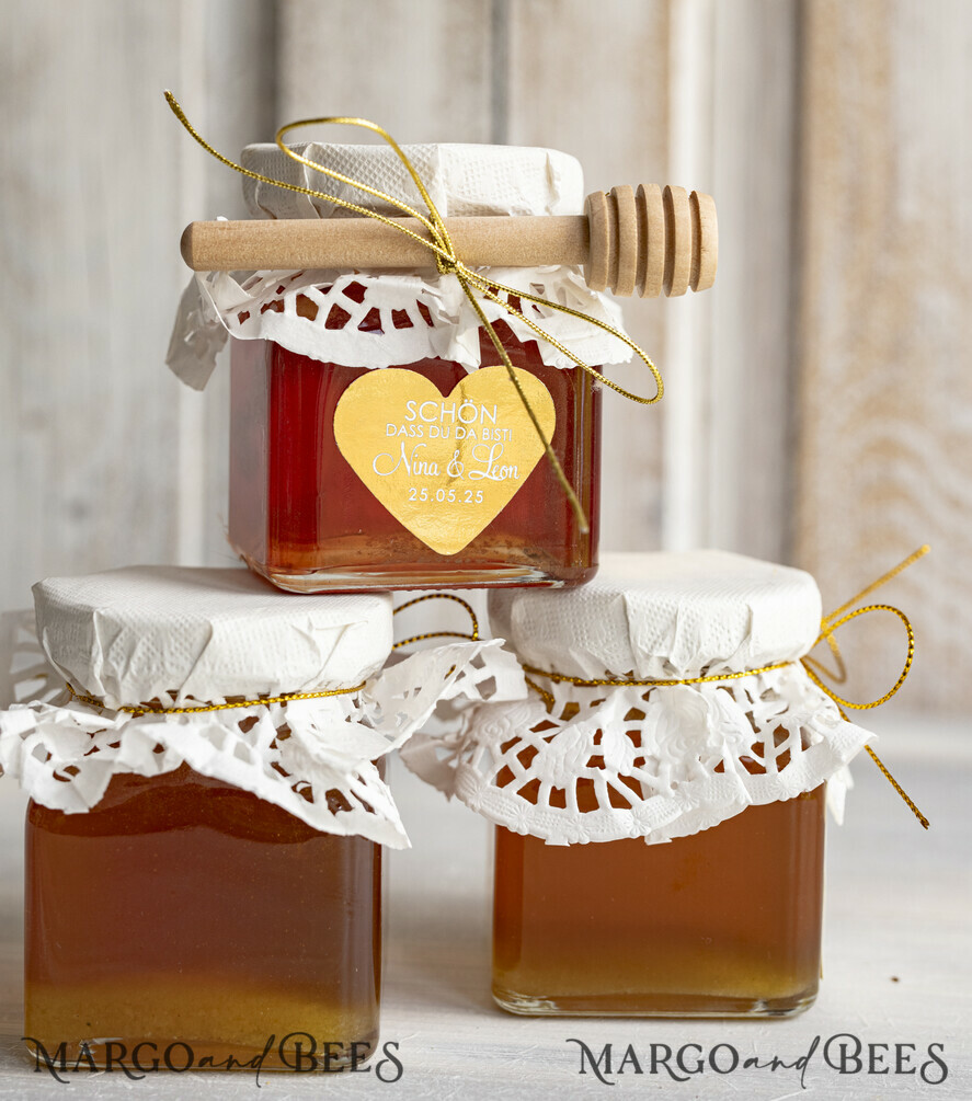 HOCHZEITSGESCHENKE Gastgeschenke Hochzeit Personalisierte Gastgeschenkgläser mit Blütenhonig, Gastgeschenke Hochzeit Honig, Honiggeschenkglas mit Honig, handgemachte Gastgeschenke zur Hochzeit.
