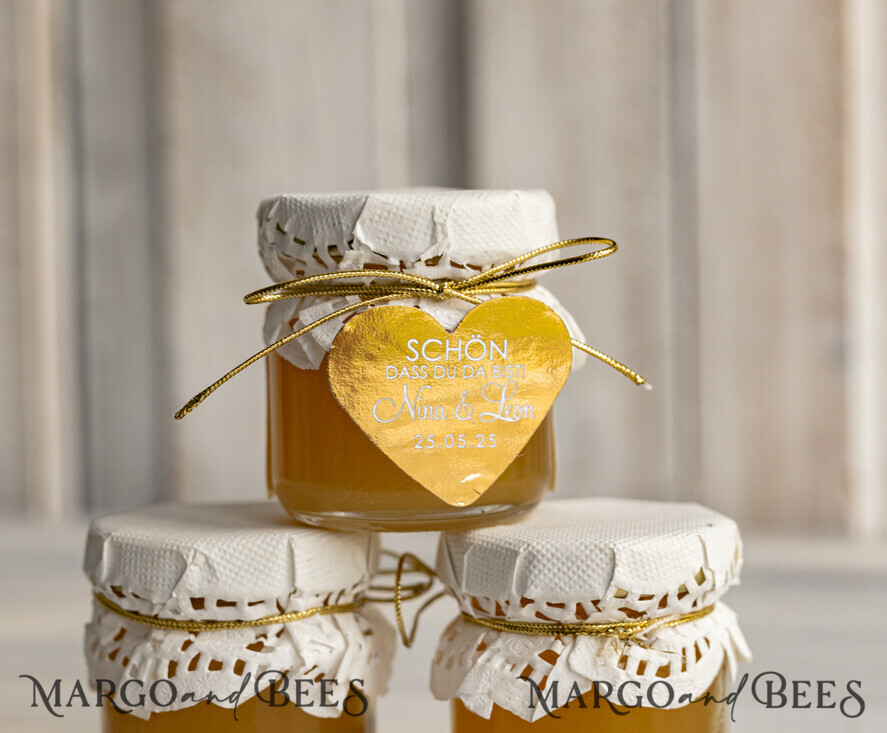 HOCHZEITSGESCHENKE Gastgeschenke Hochzeit Kleine personalisierte Gastgeschenkgläser mit Blütenhonig, Gastgeschenke Hochzeit Honig, Honiggeschenkglas mit Honig, handgemachte Gastgeschenke zur Hochzeit.