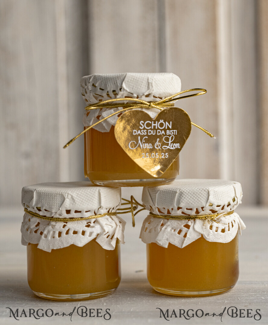 HOCHZEITSGESCHENKE Gastgeschenke Hochzeit Kleine personalisierte Gastgeschenkgläser mit Blütenhonig, Gastgeschenke Hochzeit Honig, Honiggeschenkglas mit Honig, handgemachte Gastgeschenke zur Hochzeit.
