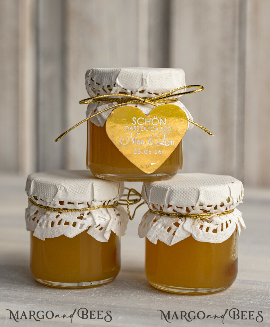 HOCHZEITSGESCHENKE Gastgeschenke Hochzeit Kleine personalisierte Gastgeschenkgläser mit Blütenhonig, Gastgeschenke Hochzeit Honig, Honiggeschenkglas mit Honig, handgemachte Gastgeschenke zur Hochzeit.