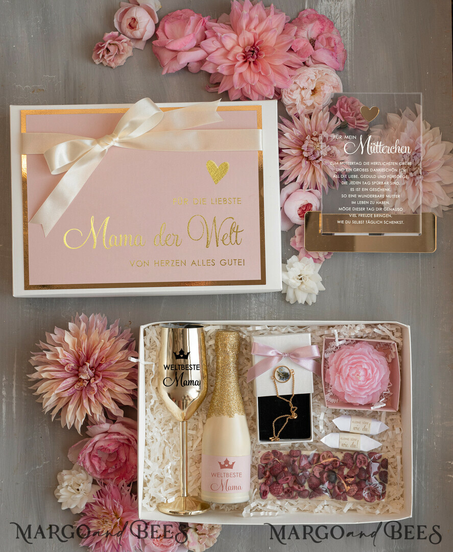 Geschenke zum Muttertag Geschenkset Entspannung Geschenkidee zum Muttertag – Exklusives Geschenkset für Mama mit Statuette, Champagnerglas & Schmuck