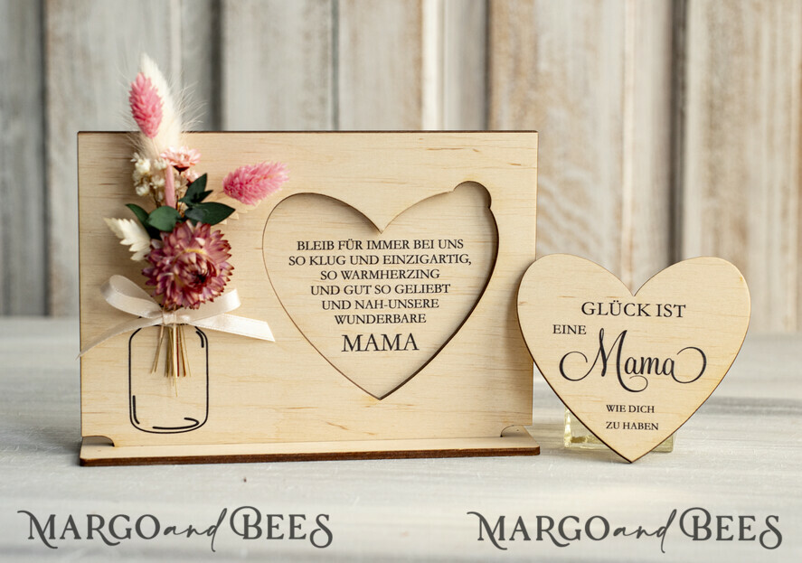 Geschenke zum Muttertag Grußkarten für Mama Geschenkidee zum Muttertag Holz-Statuette mit Widmung & Trockenblumen – Muttertagskarte mit Herz