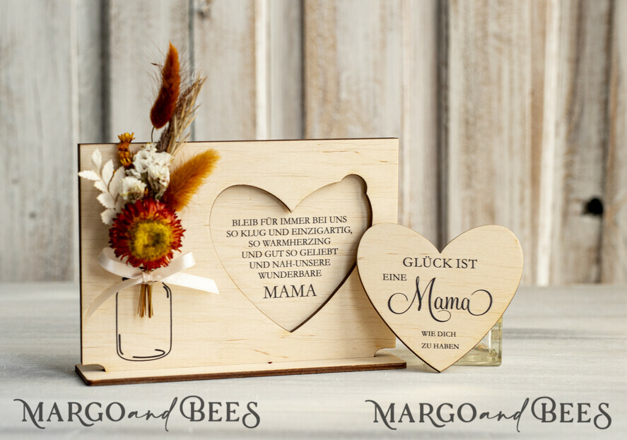 Geschenke zum Muttertag Grußkarten für Mama Geschenkidee zum Muttertag Holz-Statuette mit Widmung & Trockenblumen – Muttertagskarte mit Herz