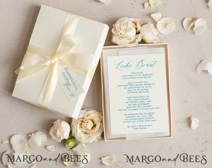BRAUT Bolero, Kleider, Strumpfband Geschenkidee für die Braut Strumpfband Elegantes Strumpfband für die Braut – Geschenkbox mit „Etwas Blauem“ und Grußkarte