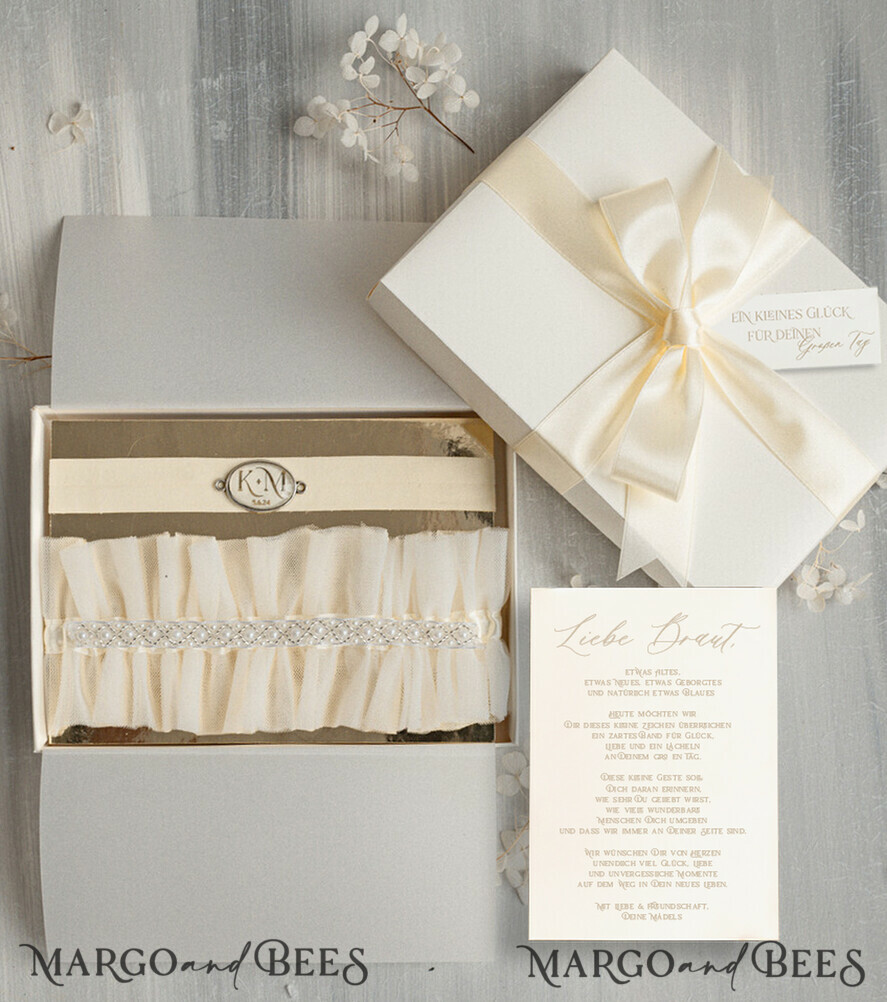 BRAUT Bolero, Kleider, Strumpfband Geschenkidee für die Braut Strumpfband Strumpfband Ecru mit Personalisierung – Geschenkset für die Braut – Etwas Blaues zur Hochzeit