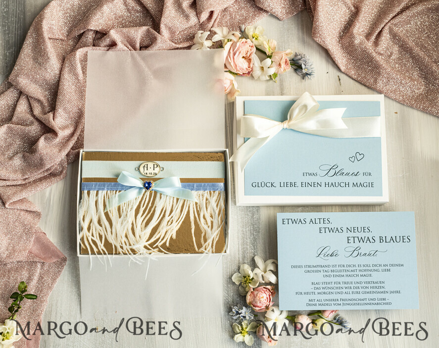 BRAUT Bolero, Kleider, Strumpfband Geschenkidee für die Braut Strumpfband Strumpfband – die besondere Geschenkidee für die Braut getrocknete Vergissmeinnicht-Blüte