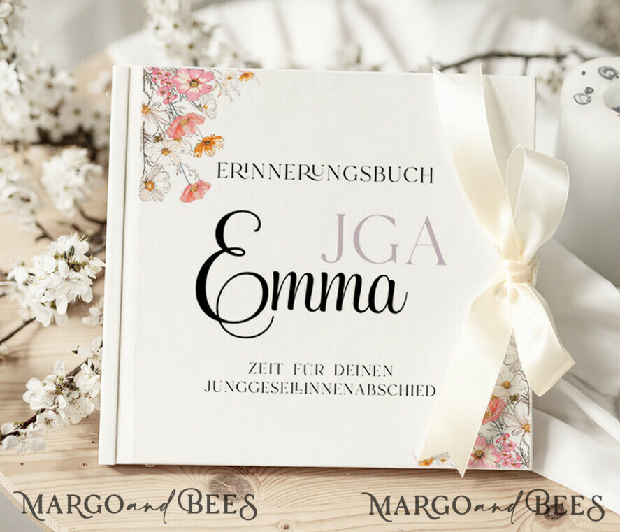 Hochzeitsfeier Einladungen JGA geschenk braut JGA Gästebuch für die Braut – Buch mit Schleife & Fragen an Freundinnen – personalisiert