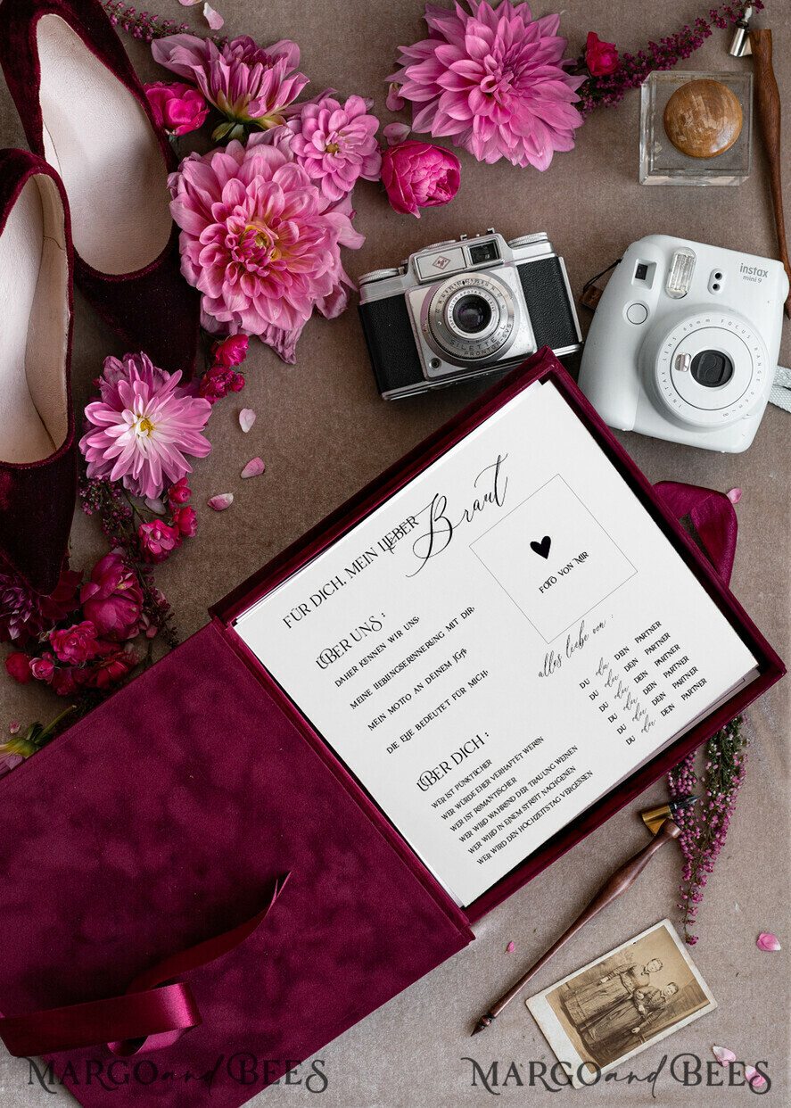 Hochzeitsfeier Einladungen JGA geschenk braut JGA Kartenbox aus Samt – personalisiert mit goldener Prägung, inkl. Gästekarten für die Braut