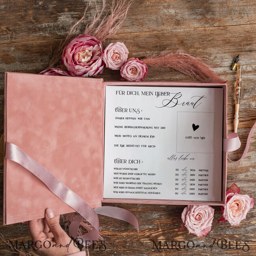 Hochzeitsfeier Einladungen JGA geschenk braut JGA Kartenbox aus Samt – personalisiert mit goldener Prägung, inkl. Gästekarten für die Braut
