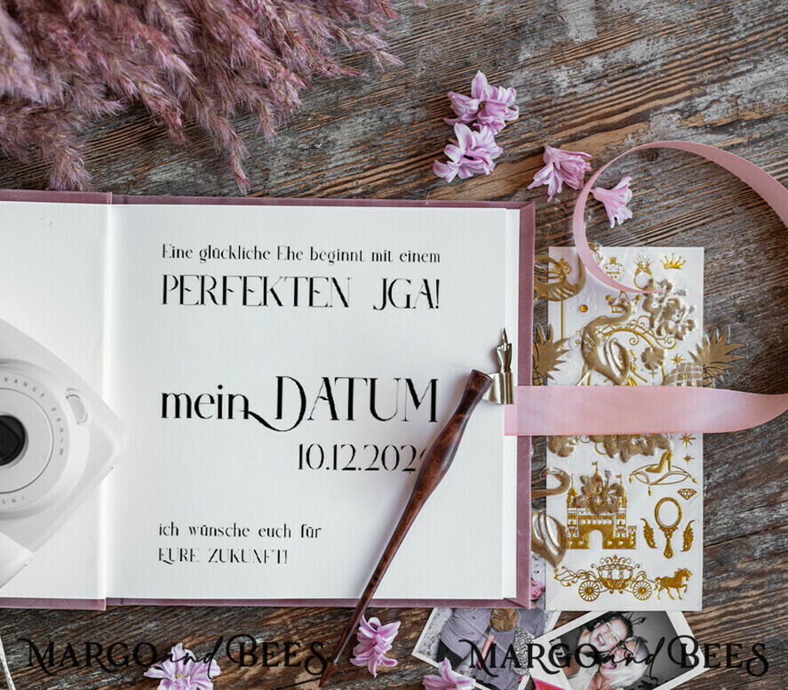 Hochzeitsfeier Einladungen JGA geschenk braut JGA Gästebuch für die Braut – Velour-Buch mit Schleife & Fragen an Freundinnen – personalisiert