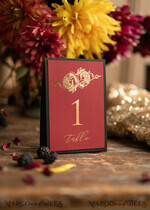 TISCHDEKORATIONSCHILDER   romantisch Elegante burgunderfarbene und schwarze Hochzeitstischnummern, handgefertigte goldene Hochzeitskarten, goldene florale Boho Tischdekoration, individuelle Glamour hochzeitstischschilder in maroon.4