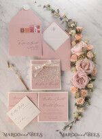 HOCHZEITS EINLADUNGEN vintage Spitze / rustikale Spitze Elegante Hochzeitskarten Vintage-Spitze personalisierte Einladung Elfenbein-Schüssel und dämmerndes Rosenpink17