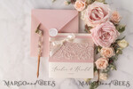 HOCHZEITS EINLADUNGEN vintage Spitze / rustikale Spitze Vintage Lace Elfenbein Hochzeits Einladungen Elegante Einladungen Elfenbeinband und Schleife mit Blush20