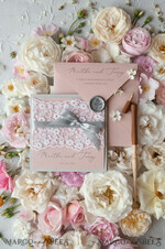 HOCHZEITS EINLADUNGEN vintage Spitze / rustikale Spitze Romantische Hochzeitseinladungen Vintage Spitze Personalisierte Einladung Hellgrau und Blush Pink39