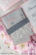 HOCHZEITS EINLADUNGEN vintage Spitze / rustikale Spitze Elegante Vintage Spitze Hochzeitskarten Romantische maßgeschneiderte graue Hochzeitskarten Glamour rosa Hochzeits Einladung Suite Pocket Hochzeits Einladungen37