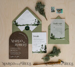 HOCHZEITS EINLADUNGEN Wald / Berge / Waldlandschaft Thema Wald Holz Hochzeits Einladung Suite, Moderne rustikale Hochzeits Einladungen, Natürliche Holz Einladungen Suite Hochzeitskarten, Grüne Hochzeits Einladungen, Nebelwald Frosted Hochzeits Einladung Suite, Kiefernbäume Hochzeits Einladung.16
