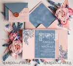 HOCHZEITS EINLADUNGEN Elegante Einladungen Klassische Karten Samtene Blush-Pink moderne Hochzeitskarten, Acryl gefrorene blaue pinke Hochzeitskarten, Plexi-Hochzeitskarten, Luxus blaue Blush-Pink Hochzeitskarten5