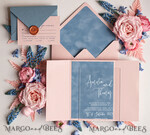 HOCHZEITS EINLADUNGEN Elegante Einladungen Klassische Karten Maßgeschneiderte Acryl Hochzeits Einladungskarten in blush pink, Glamour Velours dasty blue Hochzeits Einladungen, Plexi Velours Hochzeits Einladungssatz, Luxus Eisblau Hochzeitskarten mit Wachssiegel in Kupfer.5