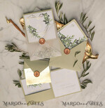 HOCHZEITS EINLADUNGEN Gold / Roségold / Silber / Glitzer Elegante Olivenhochzeitskarten, luxuriöse salbeigrüne Hochzeitseinladungen, glamouröse goldene Pocketfold-Hochzeitskarten, maßgeschneiderte Toskana-Hochzeitsinvitation-Suite.14
